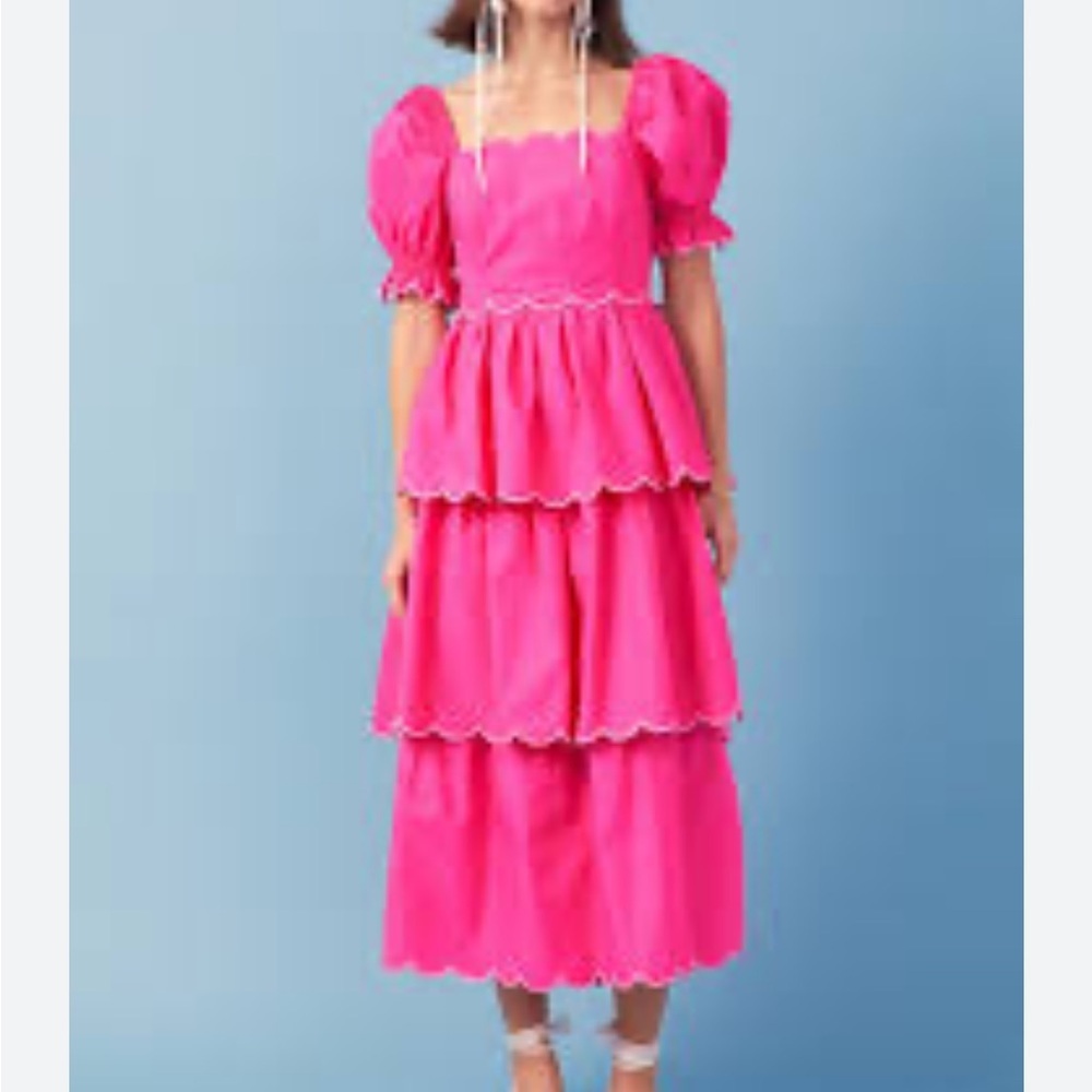 English Factory SCALLOP TIERED DRESS Pink Square Neck Puff Sleeve Sz M NEW